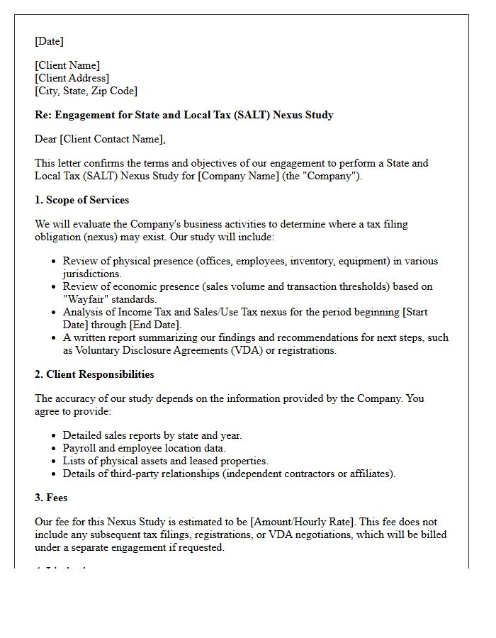 State and Local Tax Nexus Study Engagement Letter
