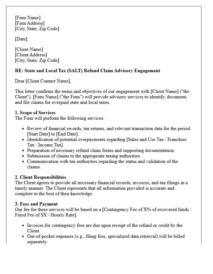 State and Local Tax Refund Claim Advisory Engagement Letter