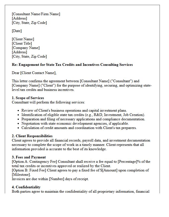 State Tax Credits and Incentives Consulting Engagement Letter
