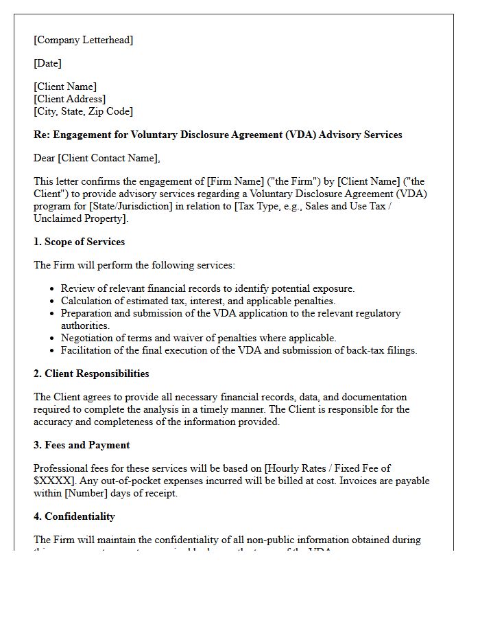 Voluntary Disclosure Agreement Advisory Engagement Letter