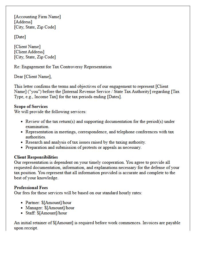 Accounting Firm Tax Controversy Engagement Letter