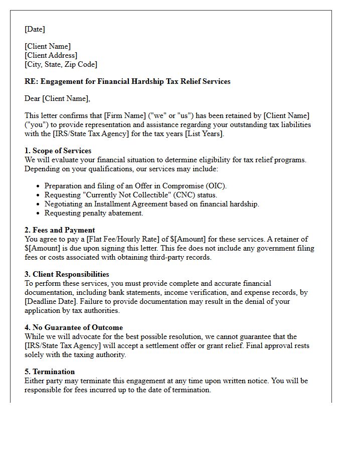 Financial Hardship Tax Relief Engagement Letter