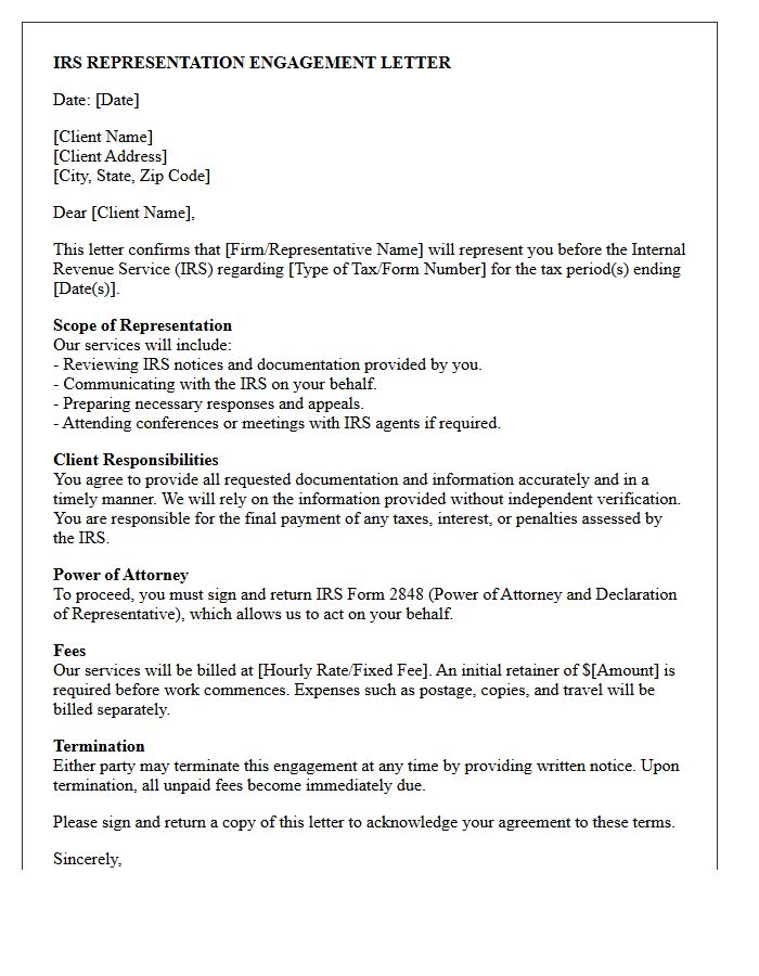 Internal Revenue Service Representation Engagement Letter