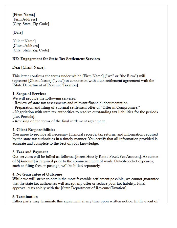 State Tax Settlement Agreement Engagement Letter