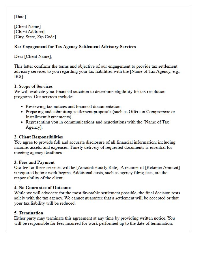 Tax Agency Settlement Advisory Engagement Letter