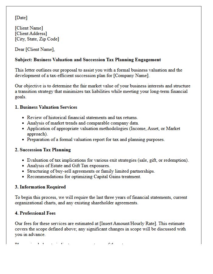 Business Valuation and Succession Tax Planning Letter
