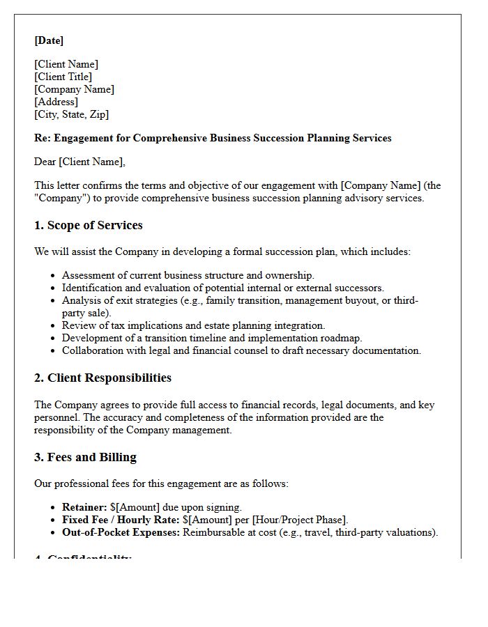 Comprehensive Business Succession Planning Advisory Engagement Letter