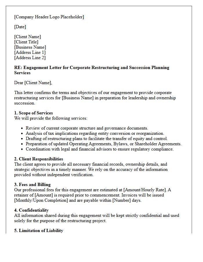 Corporate Entity Restructuring for Succession Engagement Letter