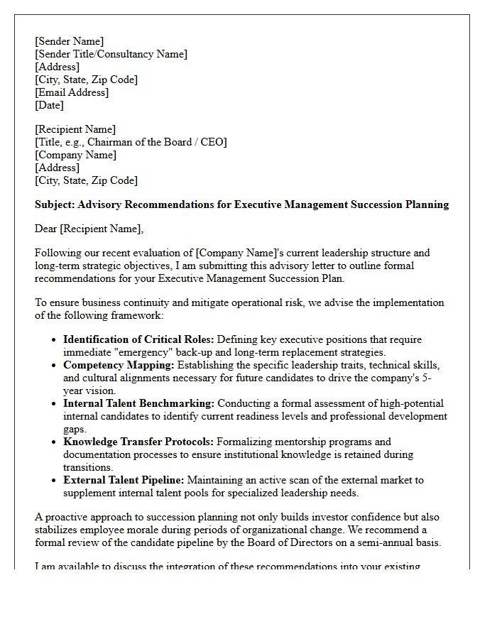 Executive Management Succession Planning Advisory Letter