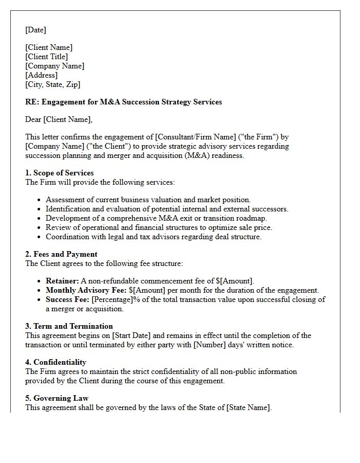 Merger and Acquisition Succession Strategy Engagement Letter