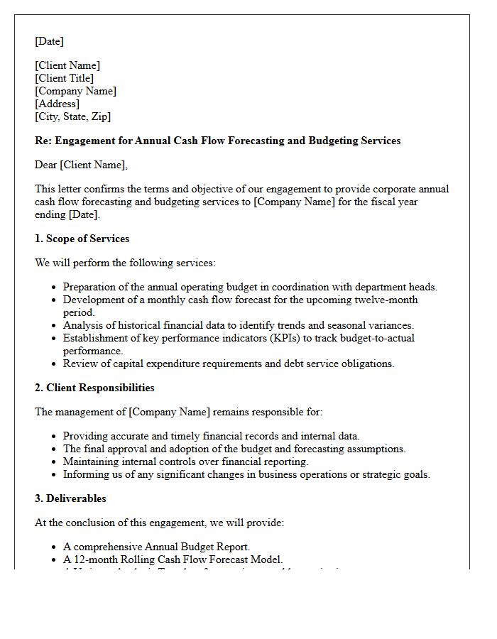 Corporate Annual Cash Flow Forecasting And Budgeting Engagement Letter