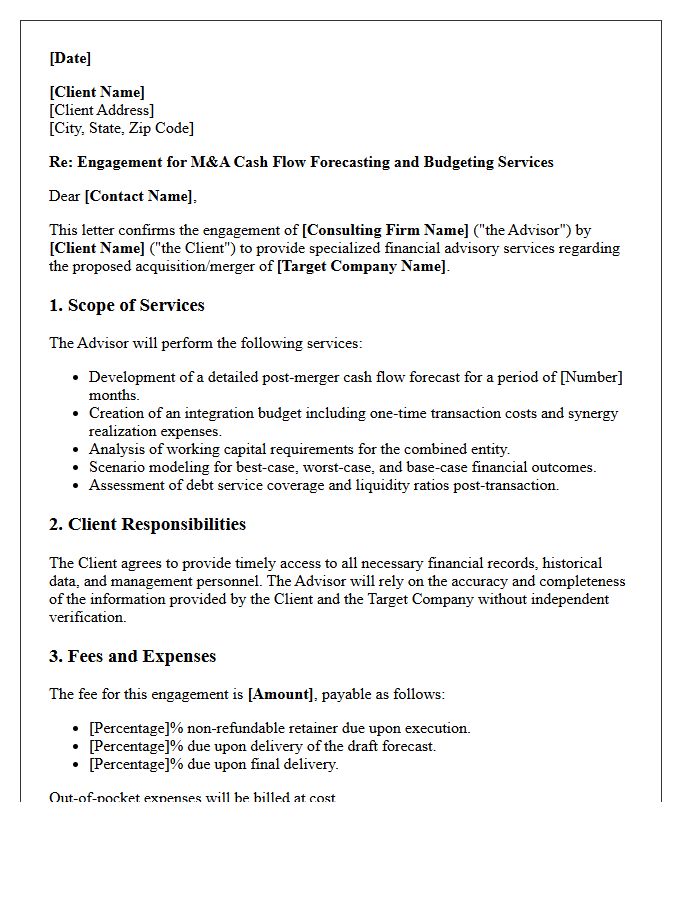 Merger And Acquisition Cash Flow Forecasting And Budgeting Engagement Letter