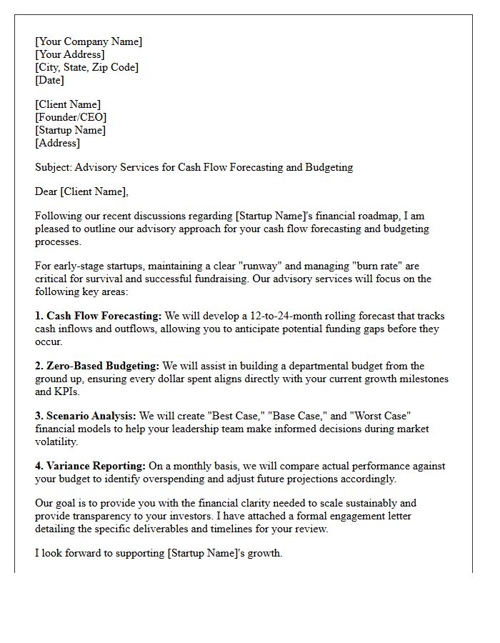 Startup Cash Flow Forecasting And Budgeting Advisory Letter