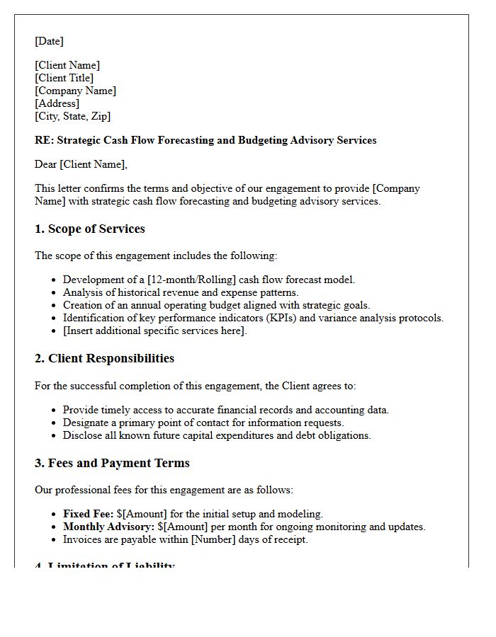 Strategic Cash Flow Forecasting And Budgeting Advisory Engagement Letter