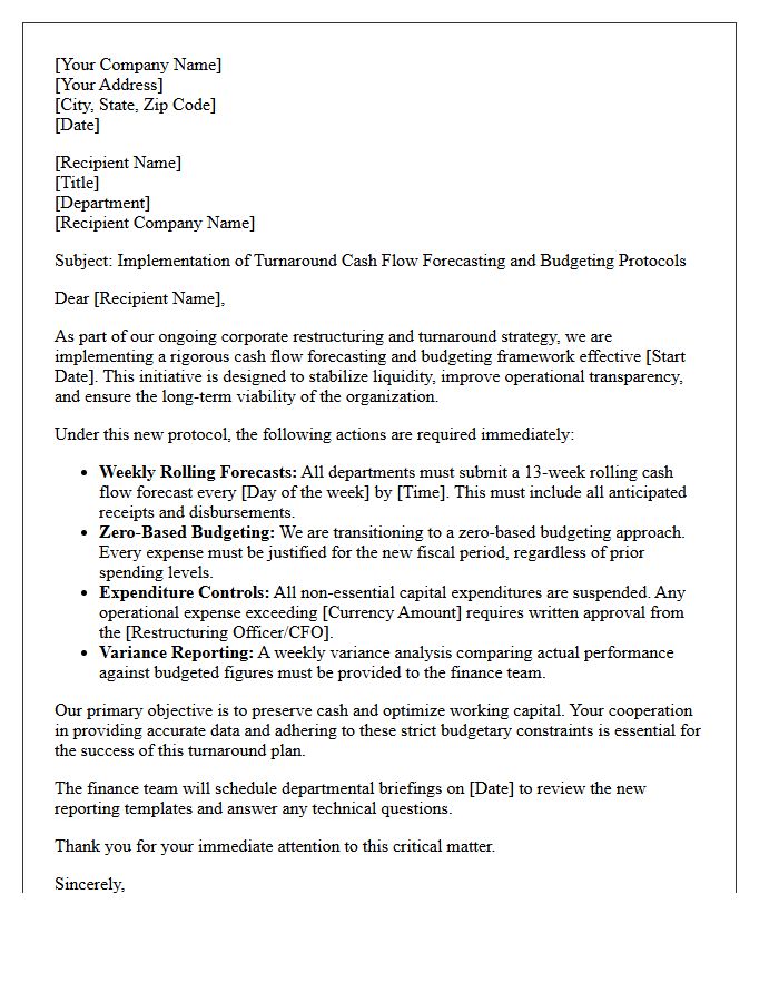 Turnaround Restructuring Cash Flow Forecasting And Budgeting Letter