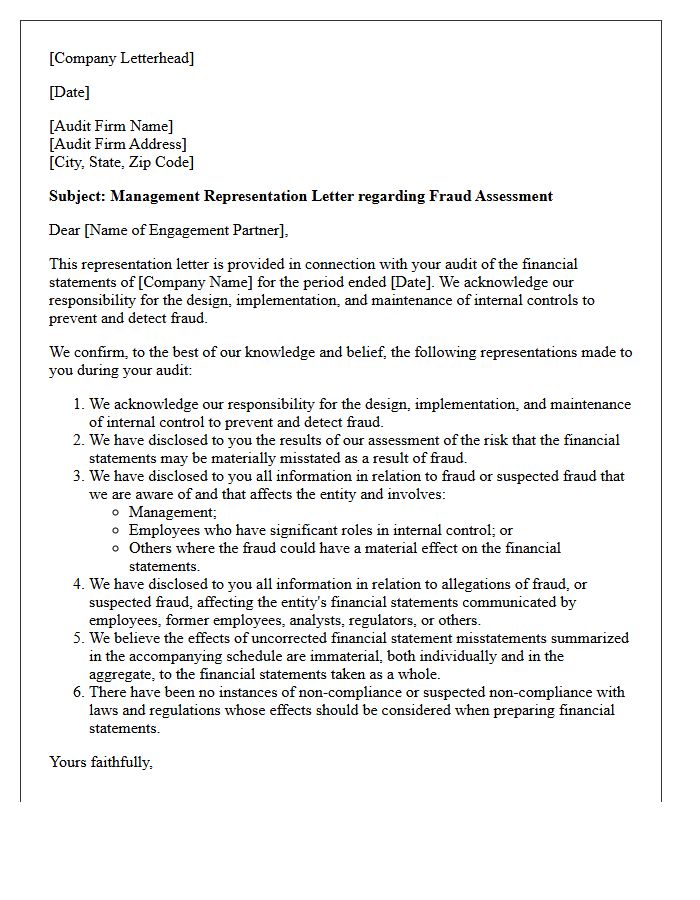 Fraud Assessment Management Representation Letter