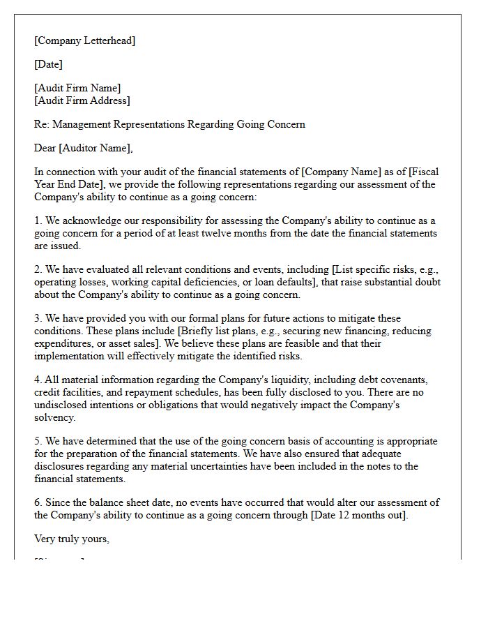 Going Concern Evaluation Management Representation Letter