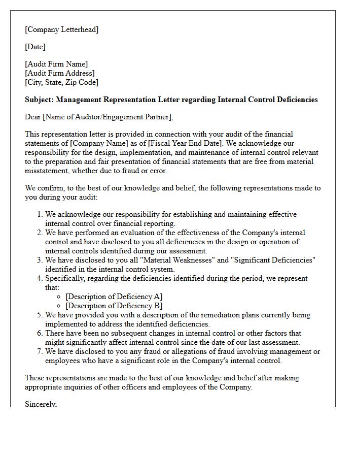 Internal Control Deficiencies Management Representation Letter