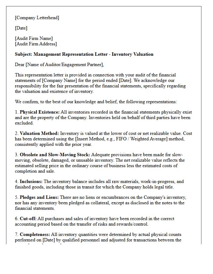 Inventory Valuation Management Representation Letter