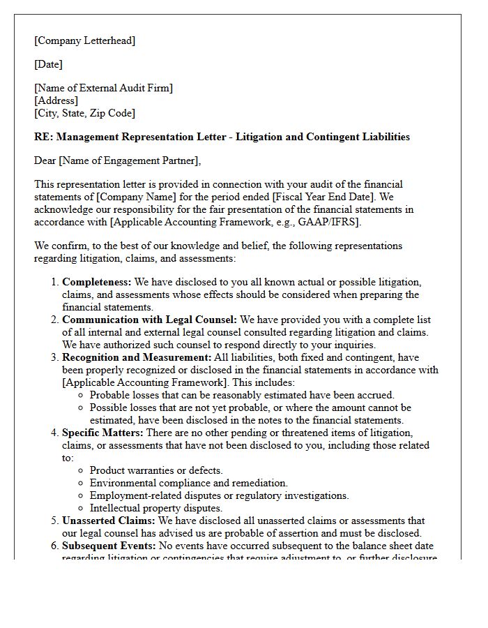 Litigation and Contingent Liabilities Management Representation Letter