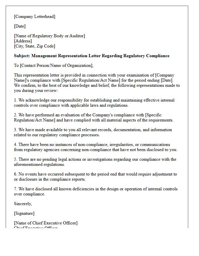 Regulatory Compliance Management Representation Letter
