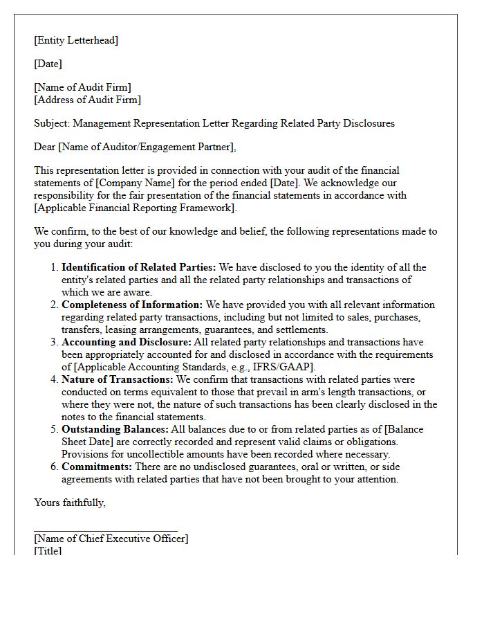 Related Party Disclosures Management Representation Letter