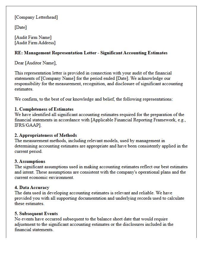 Significant Accounting Estimates Management Representation Letter