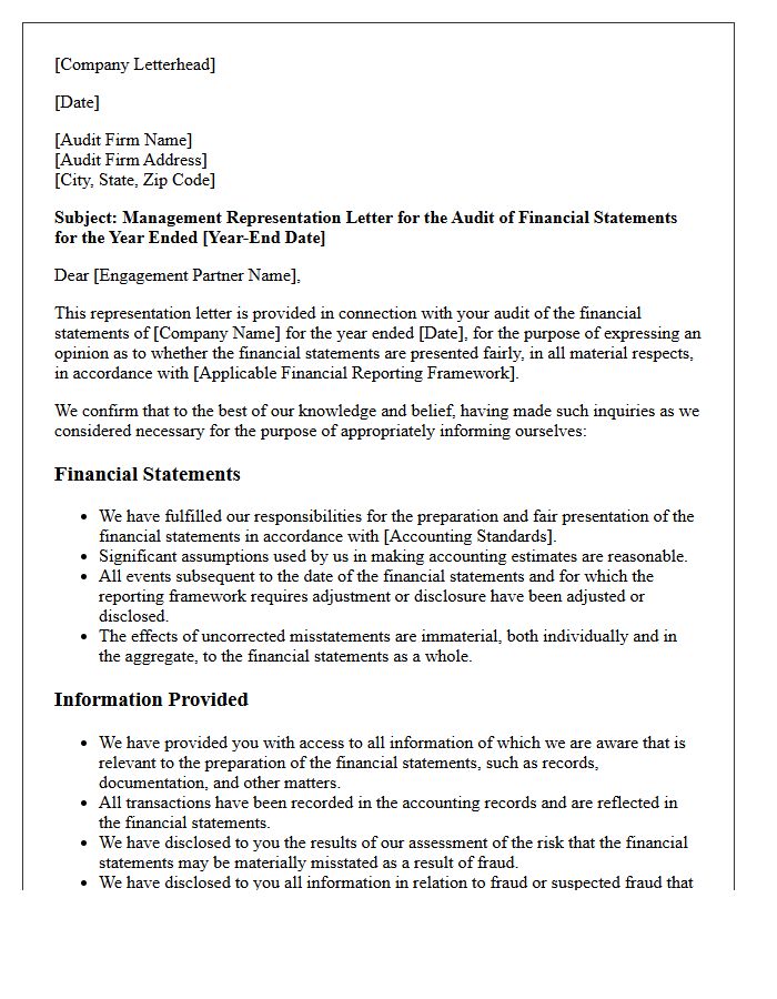 Standard Annual Audit Management Representation Letter