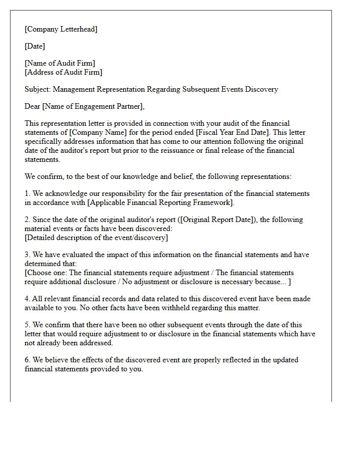 Subsequent Events Discovery Management Representation Letter