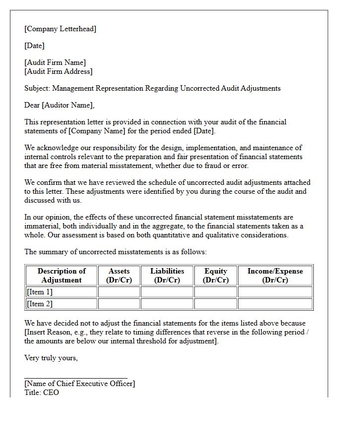 Uncorrected Audit Adjustments Management Representation Letter