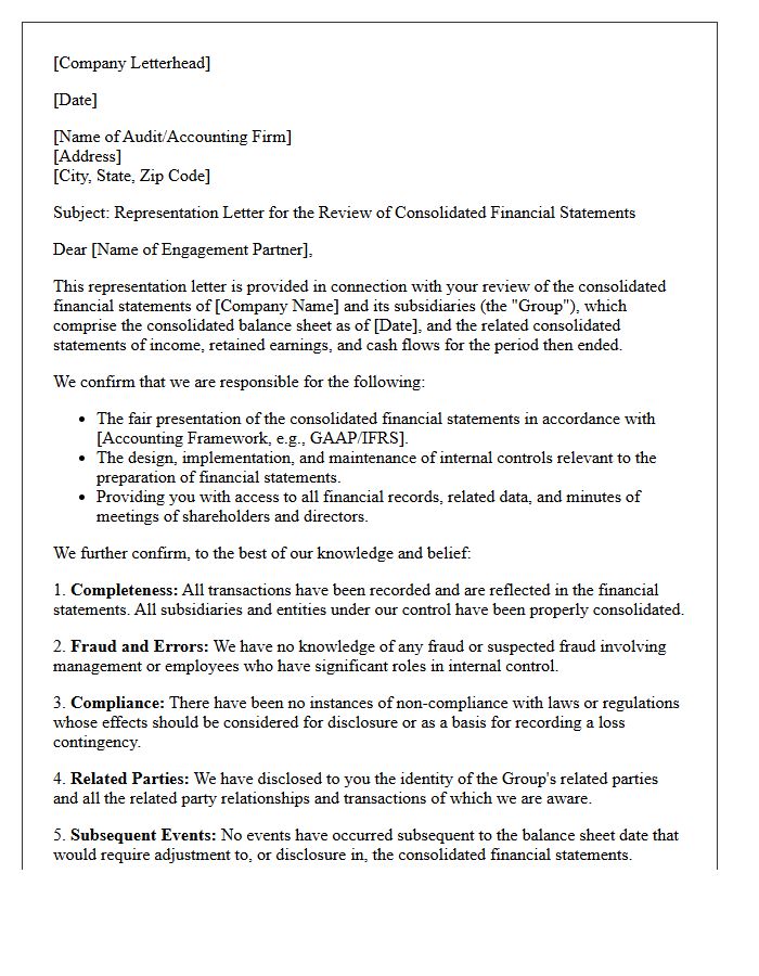 Consolidated Financial Statements Review Representation Letter