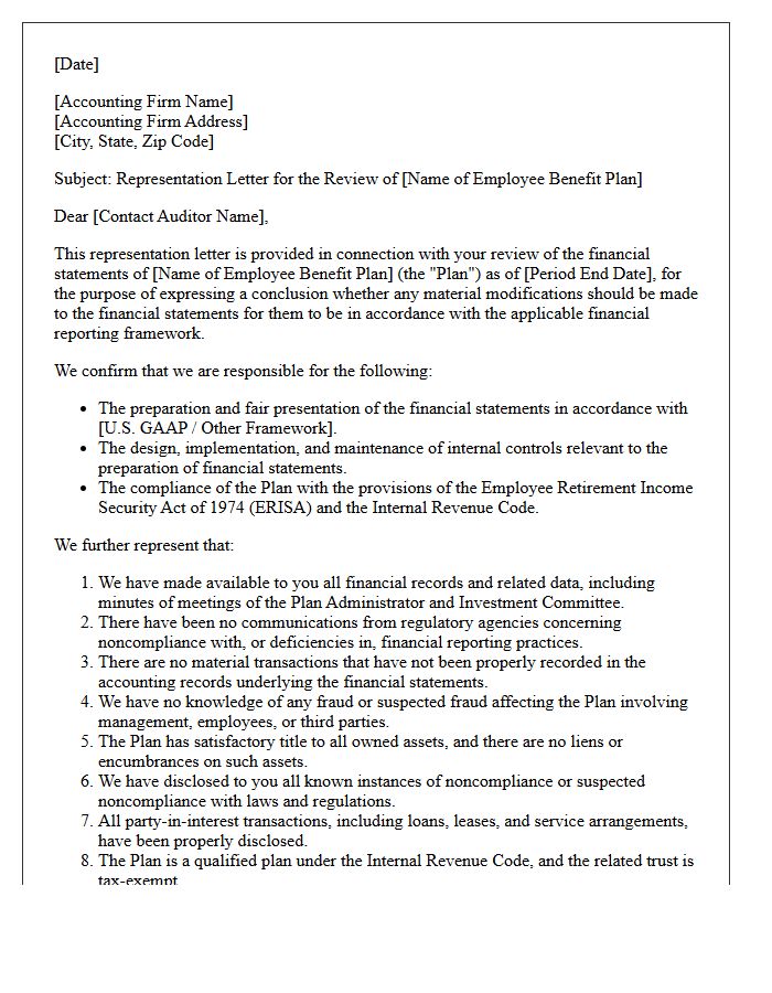 Employee Benefit Plan Review Representation Letter