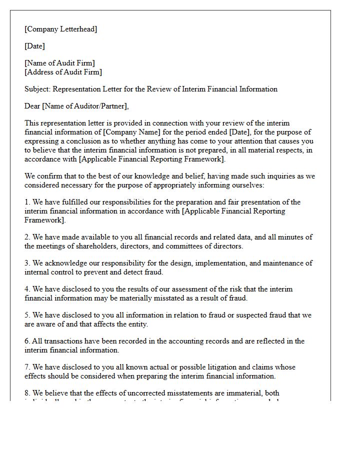 Interim Financial Information Review Representation Letter
