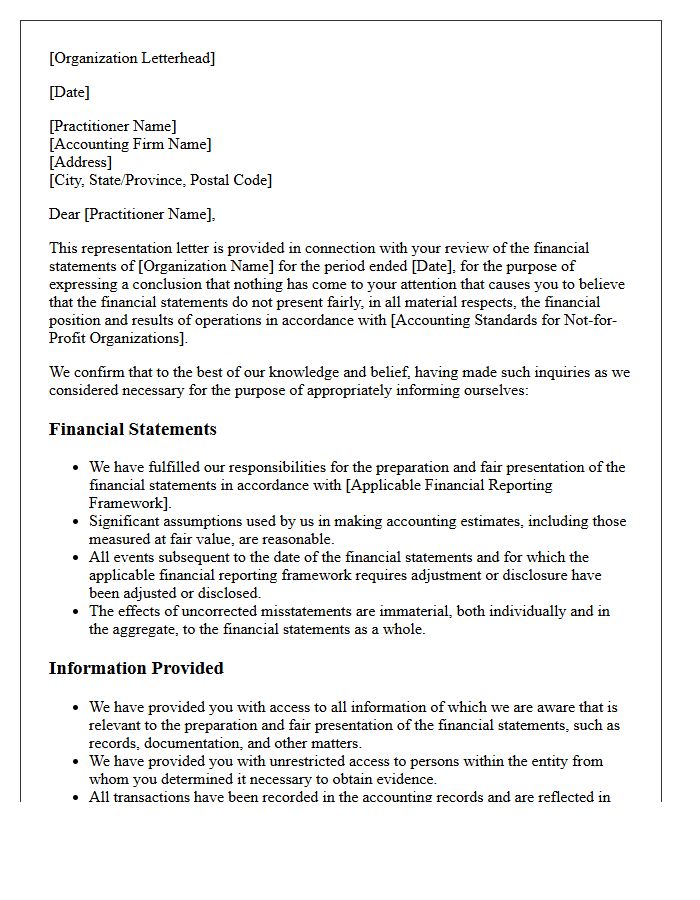 Not-For-Profit Organization Review Engagement Representation Letter