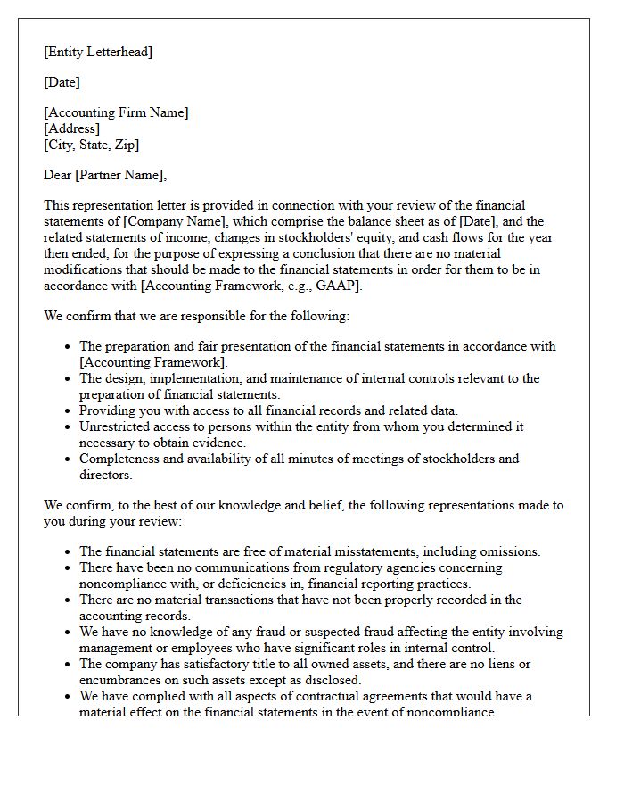 Single Entity Financial Review Representation Letter
