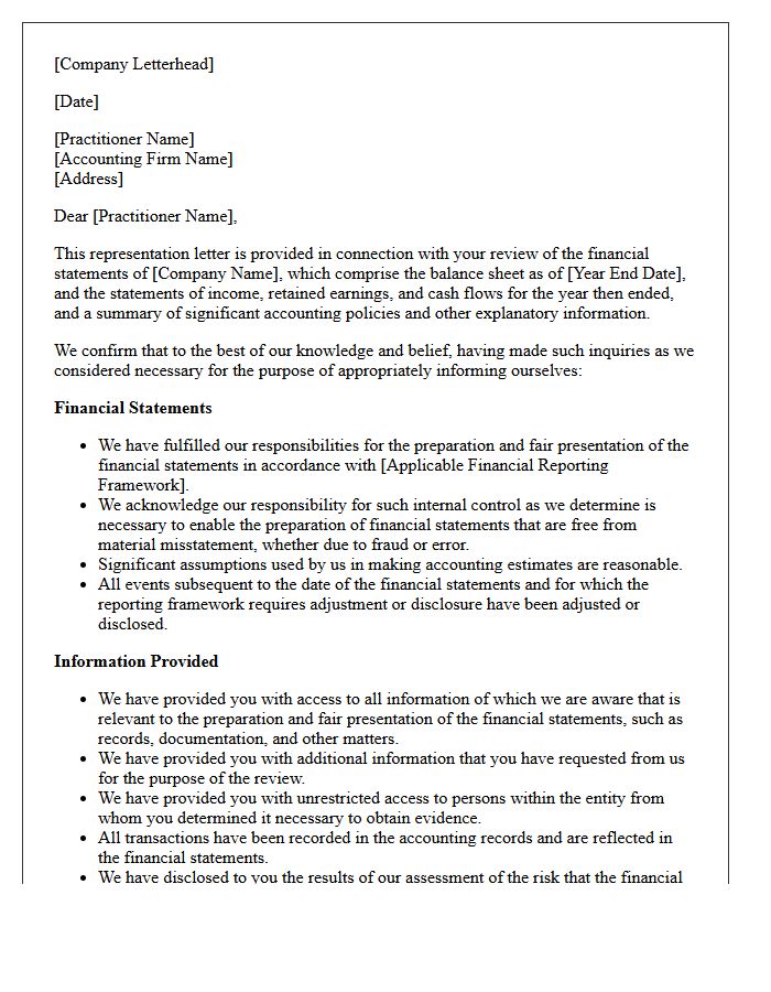Standard Review Engagement Management Representation Letter