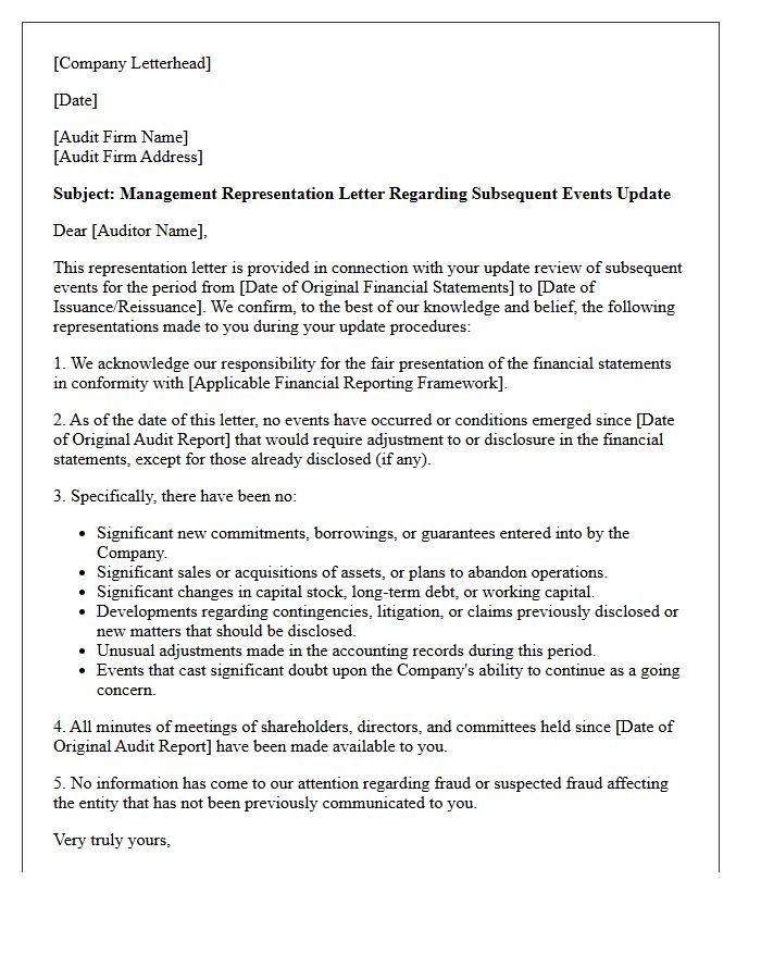 Subsequent Events Update Review Representation Letter