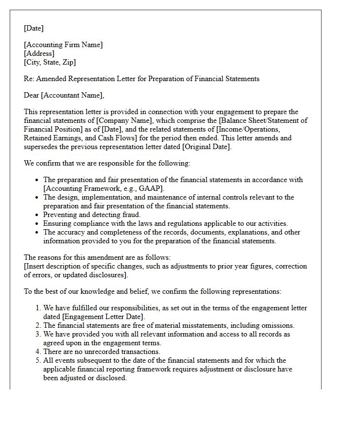 Amended Preparation Engagement Representation Letter