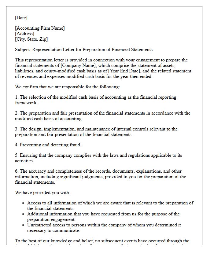 Modified Cash Basis Preparation Engagement Representation Letter