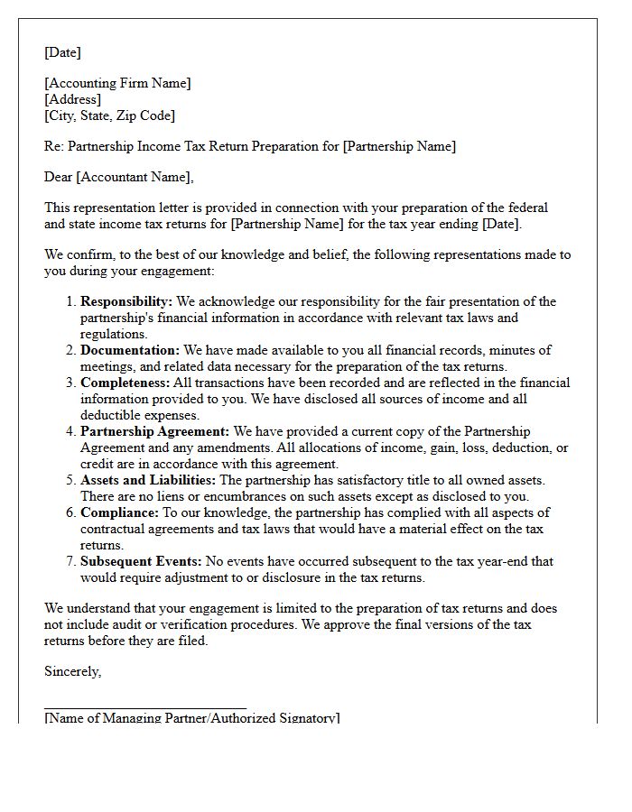 Partnership Preparation Engagement Representation Letter