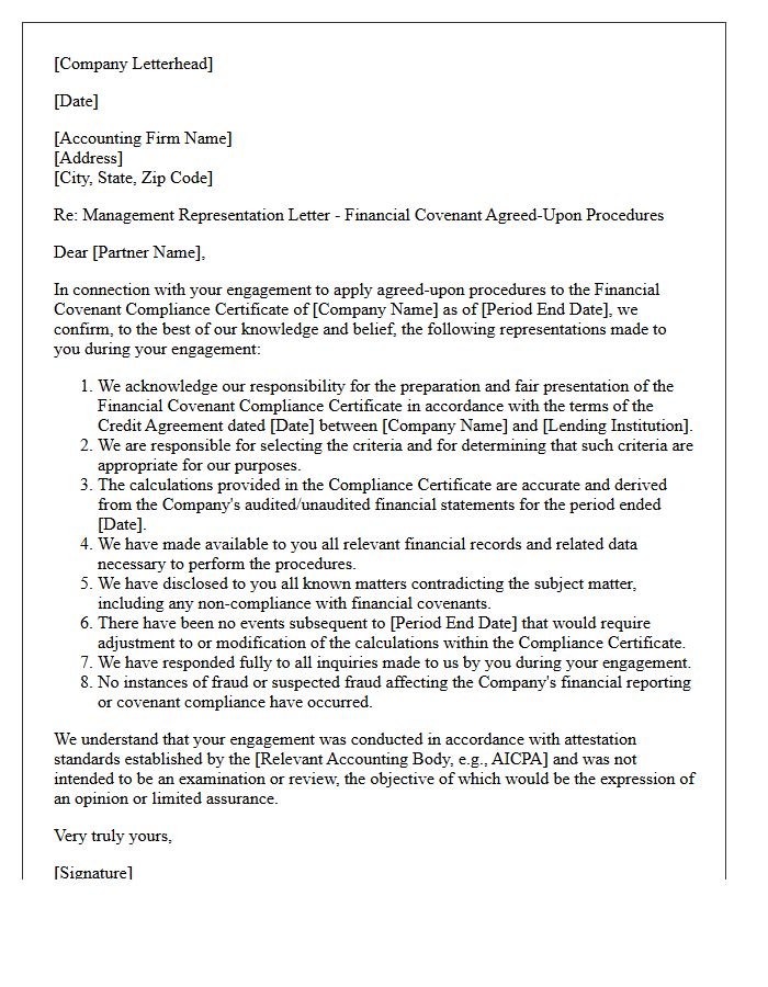 Financial Covenant Agreed-Upon Procedures Representation Letter