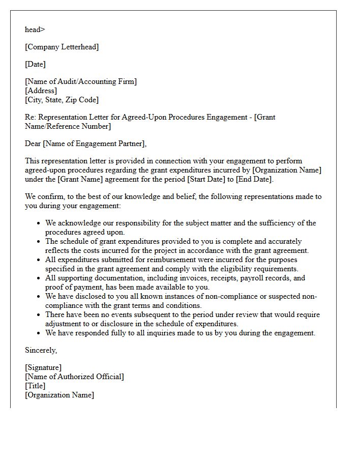 Grant Expenditure Agreed-Upon Procedures Representation Letter