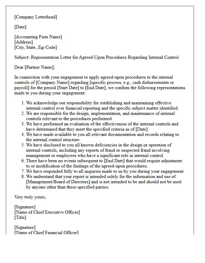 Internal Control Agreed-Upon Procedures Representation Letter