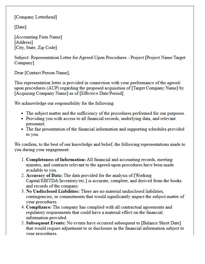 Merger and Acquisition Agreed-Upon Procedures Representation Letter
