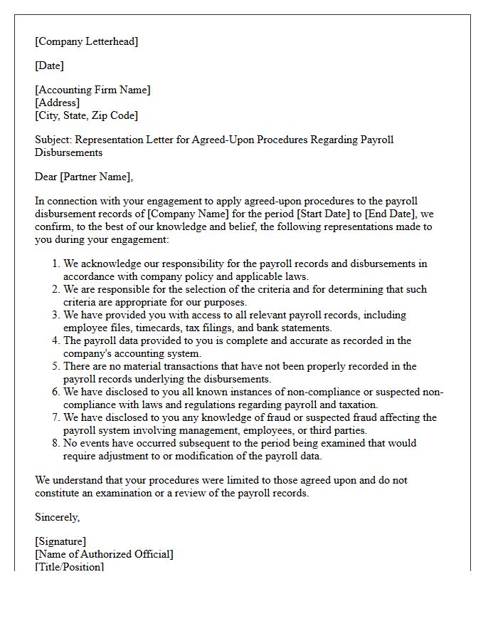 Payroll Disbursement Agreed-Upon Procedures Representation Letter