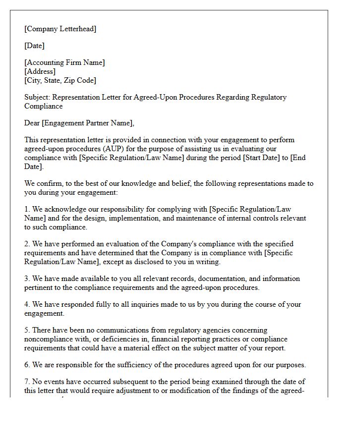 Regulatory Compliance Agreed-Upon Procedures Representation Letter