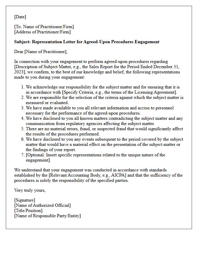 Responsible Party Representation Letter for Agreed-Upon Procedures