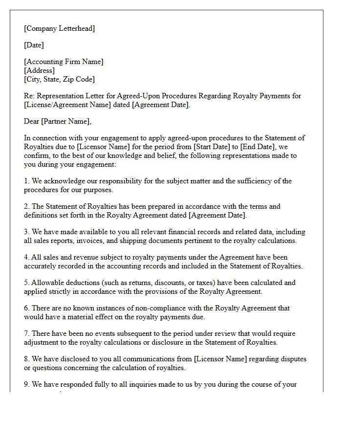 Royalty Agreement Agreed-Upon Procedures Representation Letter