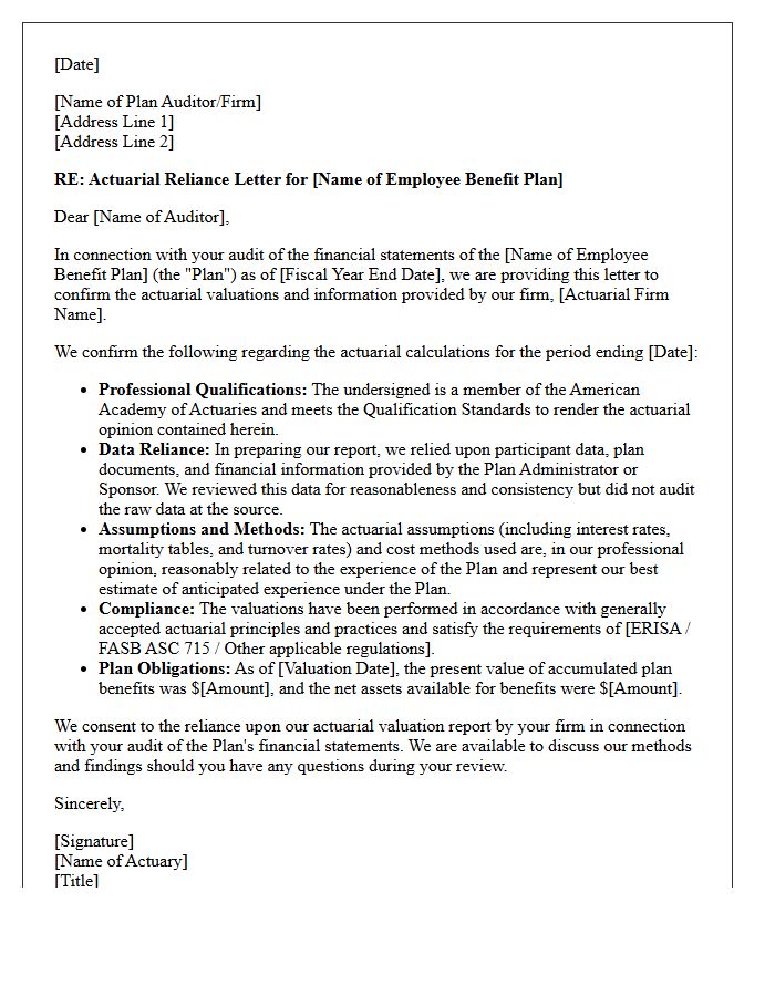 Employee Benefit Plan Actuarial Reliance Letter