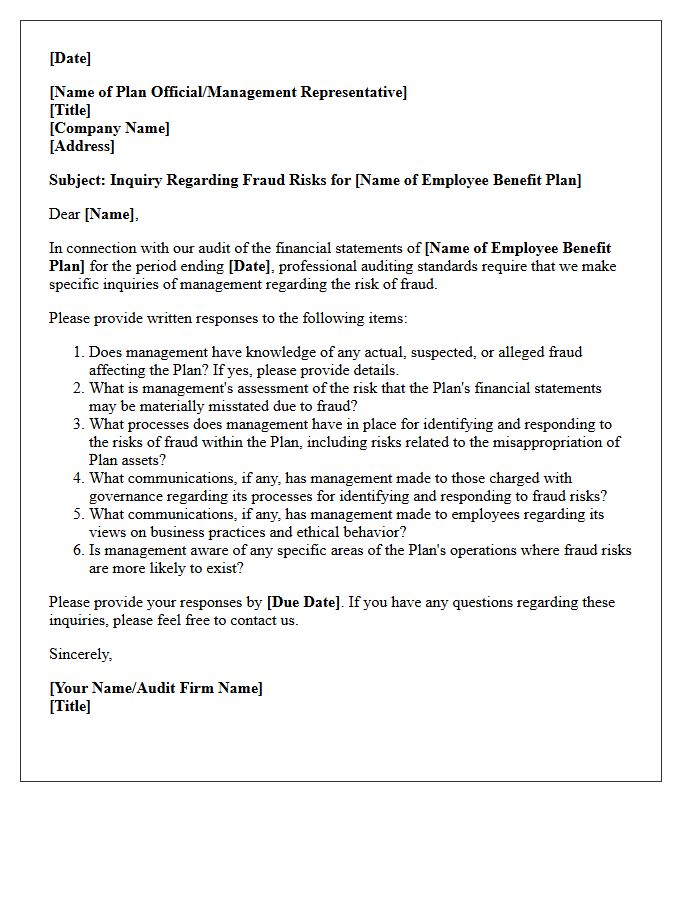 Employee Benefit Plan Fraud Risk Inquiry Letter